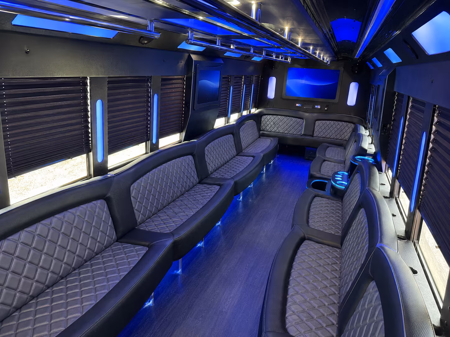 party buses with led lighting bluetooth sound and a built in bar for prom night